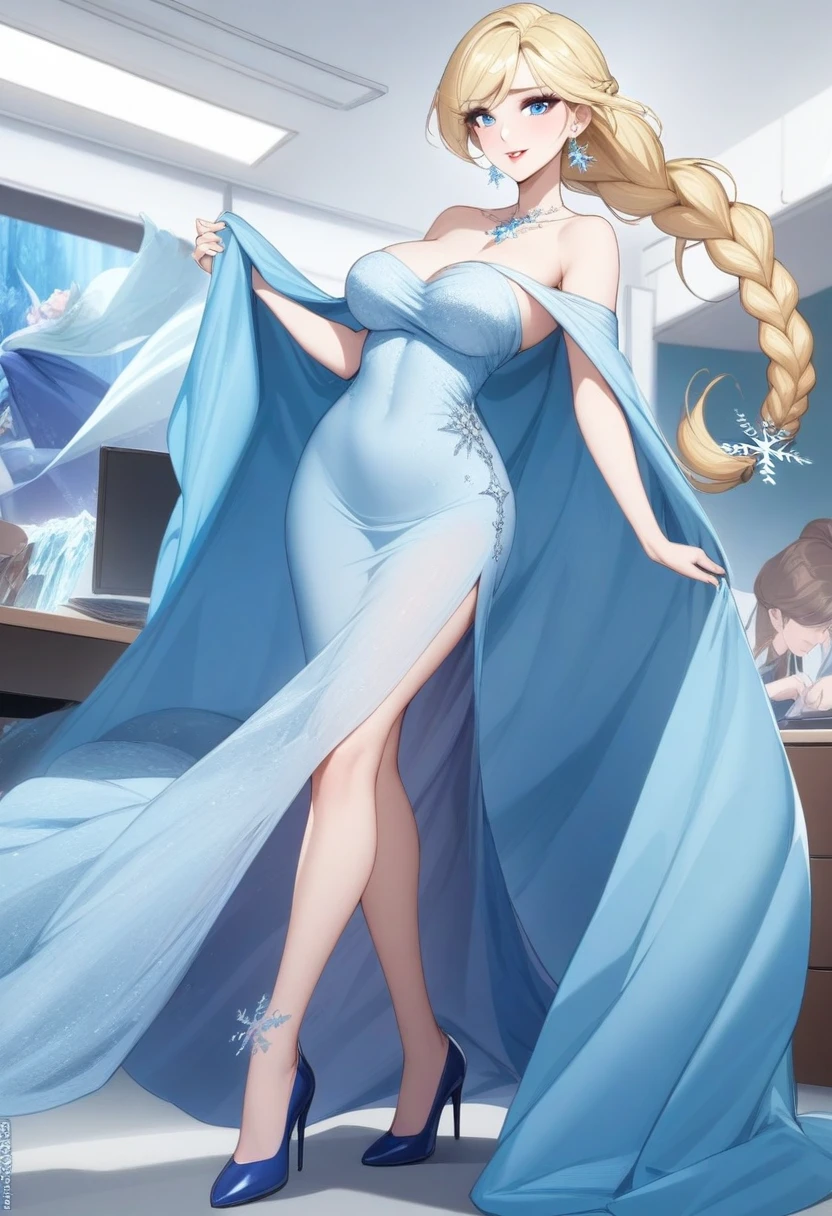 masterpiece, best quality, very aesthetic, absurdres, 1girl, mature_lady, ,,elsa_(frozen), frozen_(disney), 1girl, blonde_hair, blue_eyes, braid, medium_breasts, single_braid, earrings, snowflake_earrings, eyeshadow, makeup, long_hair, very_long_hair, bare_shoulders, blue_dress, cape, dress, long_dress, strapless, strapless_dress, blue_footwear, high_heels,in office,,floating_clothes,covered_pussy