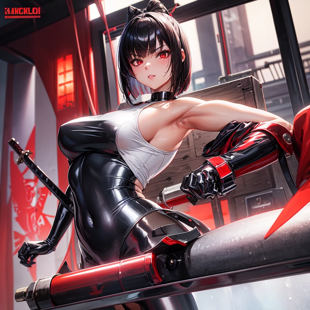 solo girl,Glossy metalic light silver tank top, tight latex shiny, Red interpolation color,Black hair bob,red eyes, camel toe, Samurai Sword,
Lift one leg, sexy lady, โชว์กางเกงใน girl,