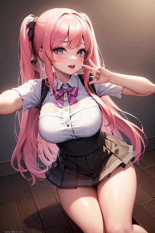 Solo, Delicate Face, Long Eyelashes, Narrow Eyes, (High Ponytail: 1.3), (Red Eyes: 1.3), (Pink Hair and White Mesh: 1.2), Big Cleavage, Slim, Tartan Check, Music Room, Angle from Top, Uniform, Light Blue Underwear, Sweat, Sitting on a Chair, Open Legs, Open Lips, Open Mouth, Thin Voice, Crying, Open Mouth Wide, Tongue Out, Open Legs Wide, Crotch