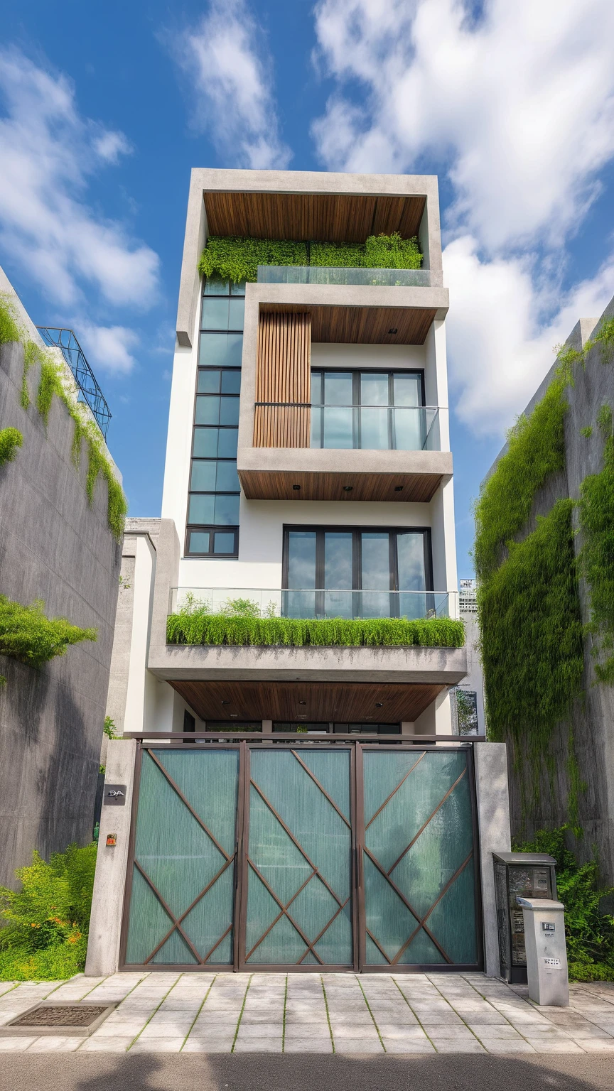 modern villa on street, (daylight), tropical tree, green shrub and plants, vivid color, streetcapes, minimalist design, brigth grey tone, (large glass door:1.2), warm interior lighting, modern material, best quality, ultra realistic, masterpiece,