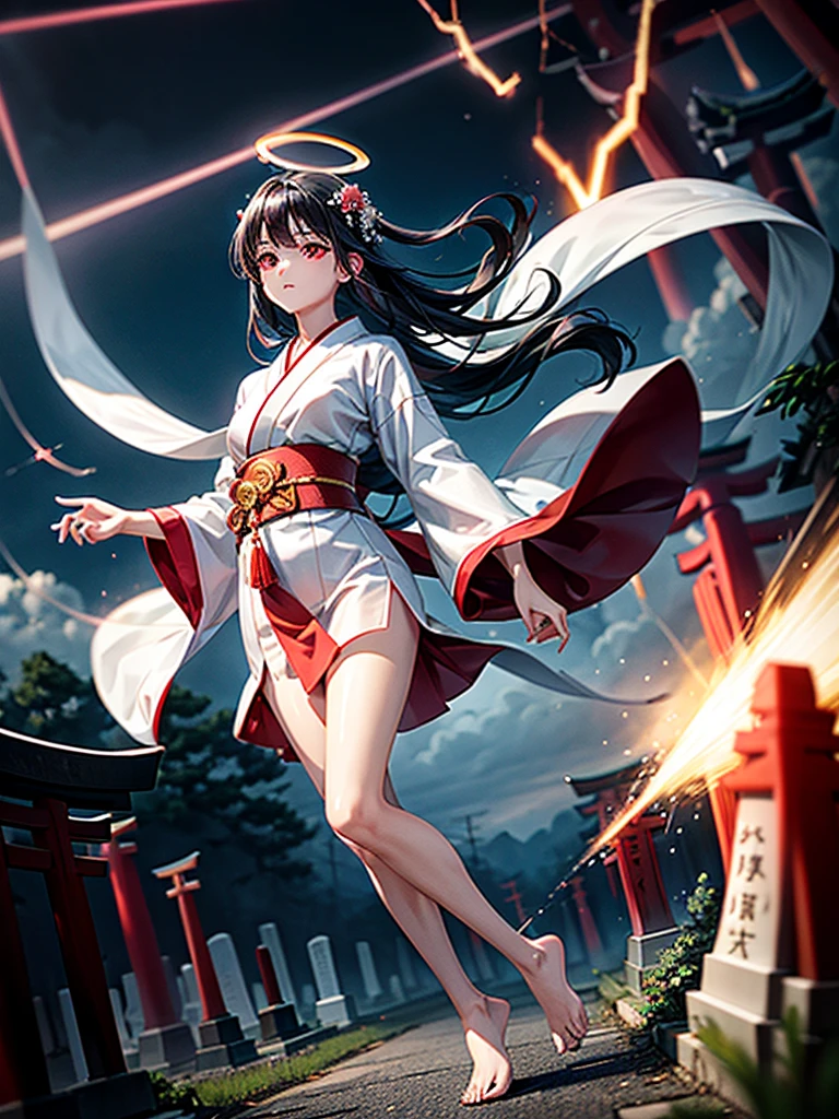 Highest Resolution,Highest quality,A beautiful girl with no expression in a white kimono,No legs,Floating in the air,Very beautiful red eyes,Black Hair,Halo,thunderstorm,Bad weather,Cemetery,A road lined with gravestones,Red Torii Gate,Company,Bamboo grove,lightning,Lightning strikes,whole body,up,front,