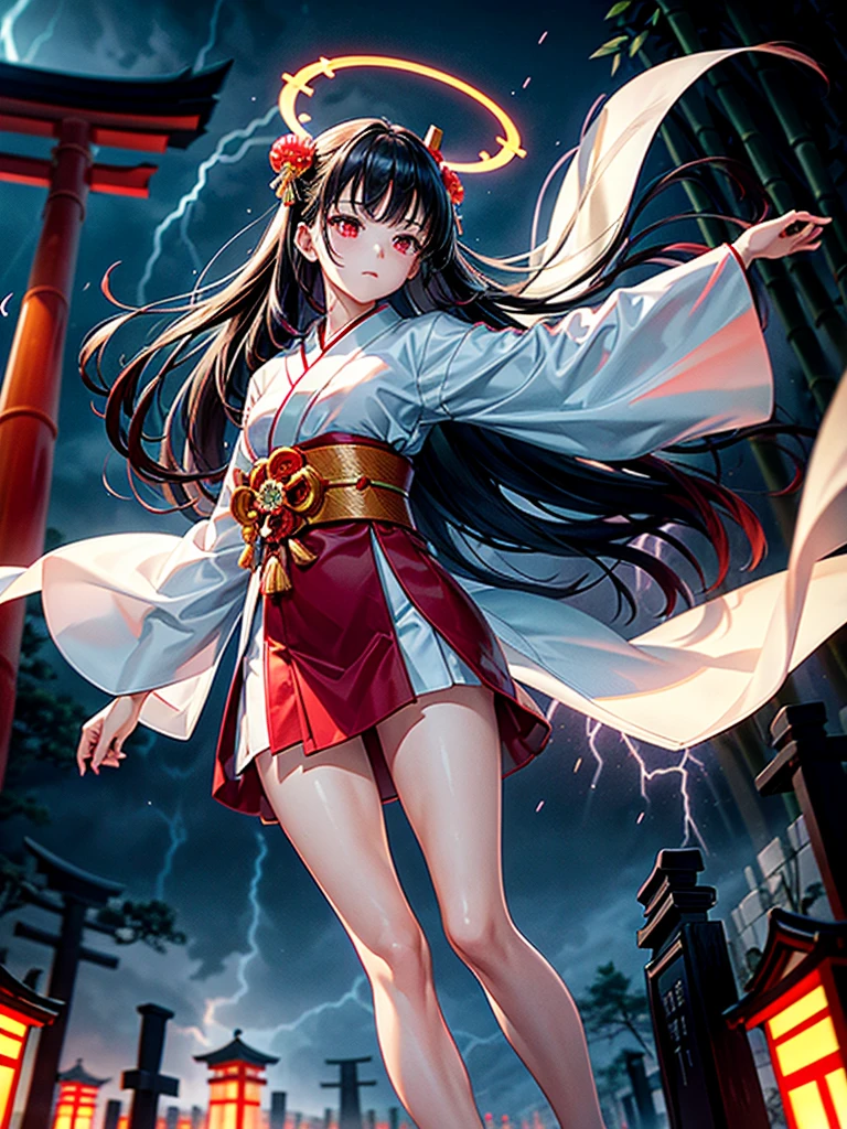 Highest Resolution,Highest quality,A beautiful girl with no expression in a white kimono,No legs,Floating in the air,Very beautiful red eyes,Black Hair,Halo,thunderstorm,Bad weather,Cemetery,A road lined with gravestones,Red Torii Gate,Company,Bamboo grove,lightning,Lightning strikes,whole body,up,front,