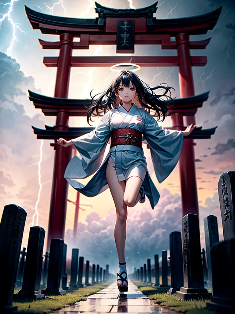 Highest Resolution,Highest quality,A beautiful girl with no expression in a white kimono,No legs,Floating in the air,Very beautiful red eyes,Black Hair,Halo,thunderstorm,Bad weather,Cemetery,A road lined with gravestones,Red Torii Gate,Company,Bamboo grove,lightning,Lightning strikes,whole body,up,front,