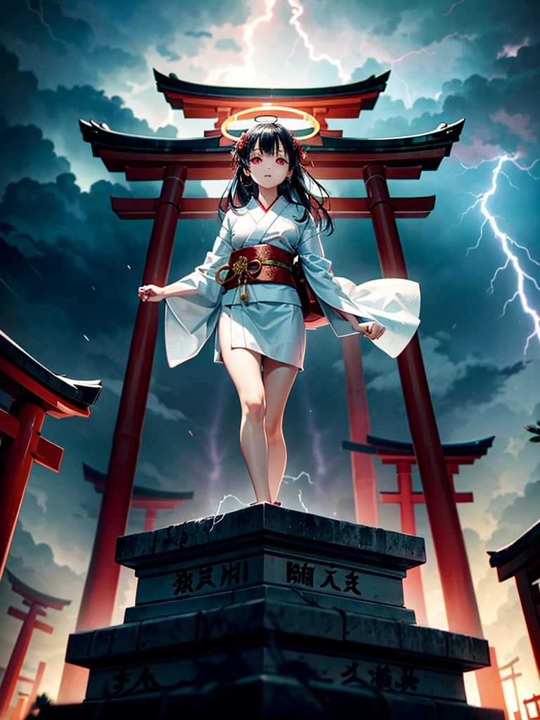 Highest Resolution,Highest quality,A beautiful girl with no expression in a white kimono,No legs,Floating in the air,Very beautiful red eyes,Black Hair,Halo,thunderstorm,Bad weather,Cemetery,A road lined with gravestones,Red Torii Gate,Company,Bamboo grove,lightning,Lightning strikes,whole body,up,front,