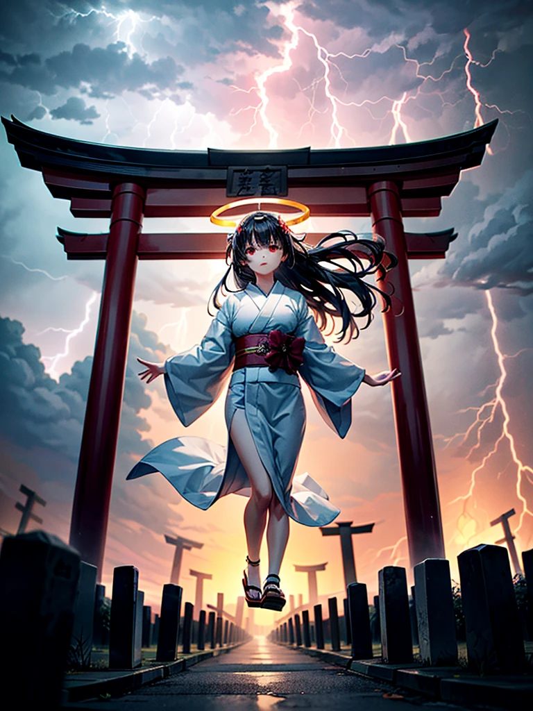 Highest Resolution,Highest quality,A beautiful girl with no expression in a white kimono,No legs,Floating in the air,Very beautiful red eyes,Black Hair,Halo,thunderstorm,Bad weather,Cemetery,A road lined with gravestones,Red Torii Gate,Company,Bamboo grove,lightning,Lightning strikes,whole body,up,front,