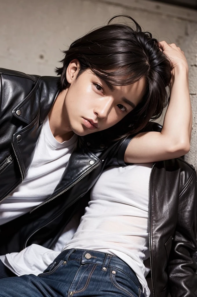 Man with leather jacket lying