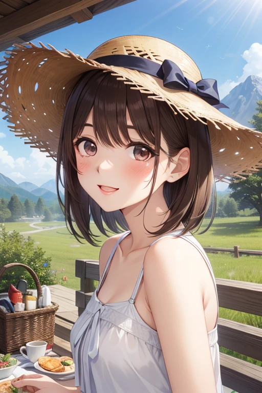 anegasaki nene、Shiny brown hair, short hair, (Beautiful brown eyes、Sparkling eyes, Fine grain)、smile、Ultra-detailed eyes、Highly detailed face, Highly detailed eyes,


 blush, , One girl, under eye, Straw hat, Awning Hat, sundress, dress, white dress, Outdoor, camp, Beautiful Mountain々, background, Setting up the tent, clear々美しいmorning, Light shines in, In front of the tent, coffee, enjoy, landscape, nature, quiet, picnic, relaxation, reFreshing, 早morning, Calm, scenery, relax, Fresh, morning, sunrise, hiking, adventure, blue sky, Fresh air, Journey, Majestic, wealthy