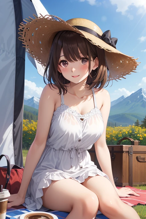 anegasaki nene、Shiny brown hair, short hair, (Beautiful brown eyes、Sparkling eyes, Fine grain)、smile、Ultra-detailed eyes、Highly detailed face, Highly detailed eyes,


 blush, , One girl, under eye, Straw hat, Awning Hat, sundress, dress, white dress, Outdoor, camp, Beautiful Mountain々, background, Setting up the tent, clear々美しいmorning, Light shines in, In front of the tent, coffee, enjoy, landscape, nature, quiet, picnic, relaxation, reFreshing, 早morning, Calm, scenery, relax, Fresh, morning, sunrise, hiking, adventure, blue sky, Fresh air, Journey, Majestic, wealthy