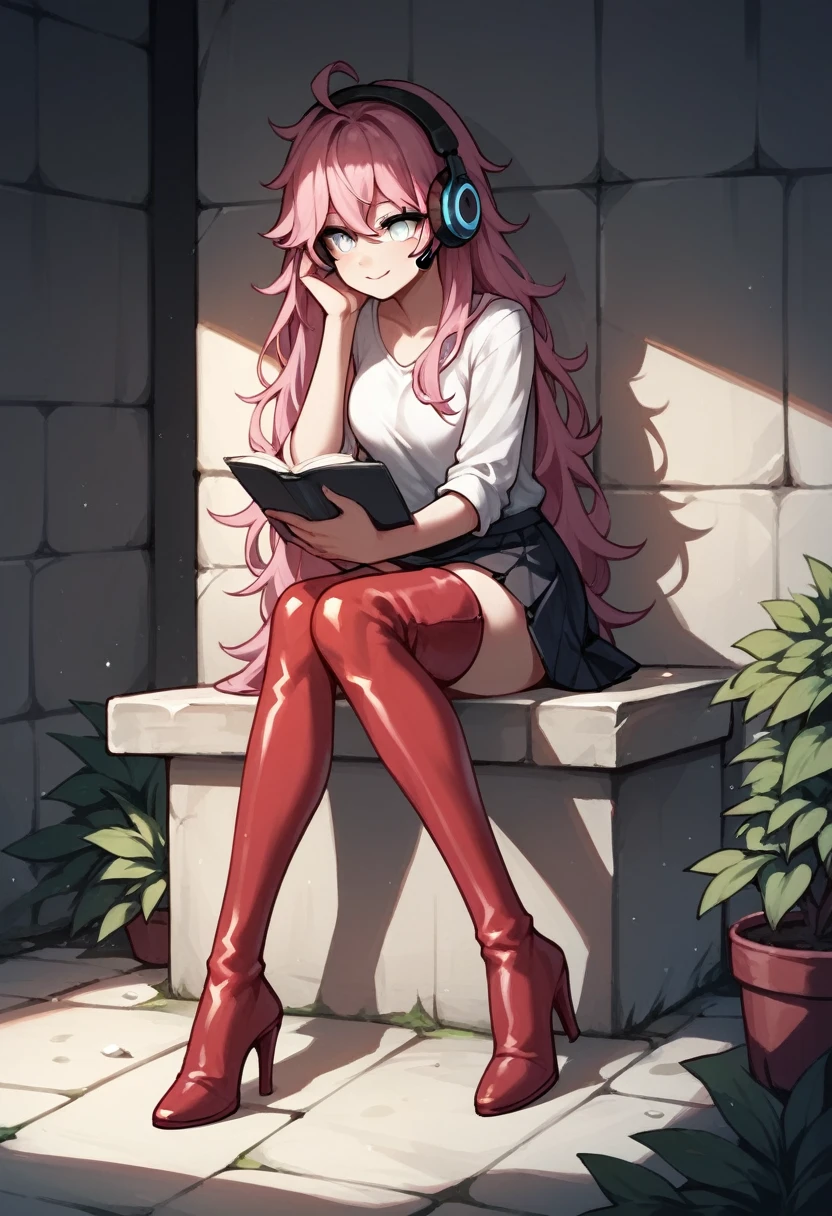 score_9, score_8_up, score_7_up, score_6_up, score_5_up, score_4_up, source_anime, 1girl, sit, headphones, pink hair, long hair, white eyes, messy hair, white shirt, skirt, red thigh high boots, heels, day, dungeon, best quality, best res, 4K UHD,
 