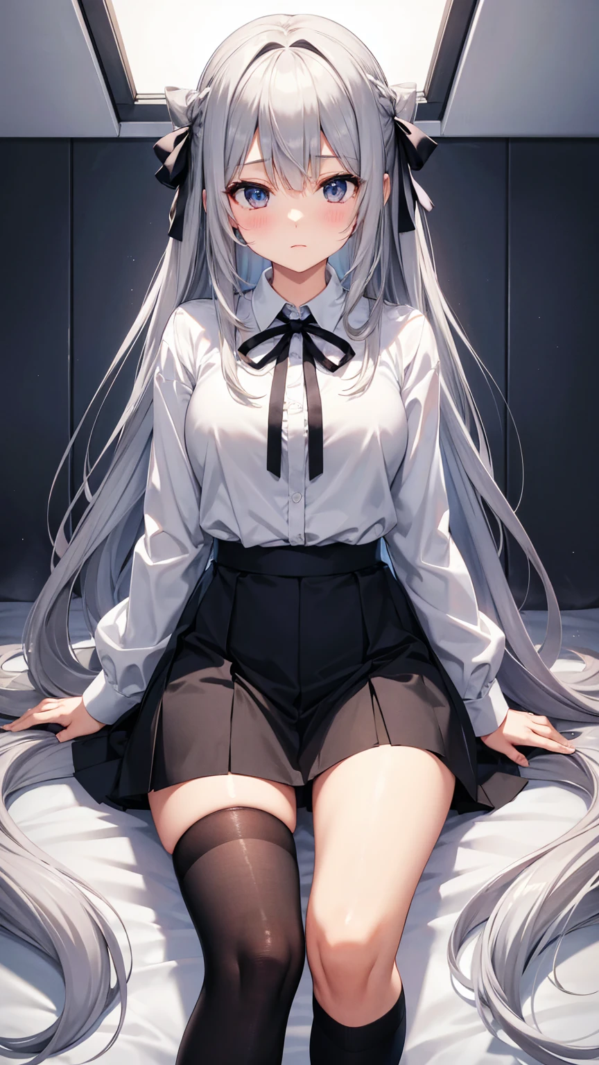 Adult Girl、Long silver hair、Huge 、shirt、ribbon、mini skirt、Knee-high socks、Absolute area、thigh