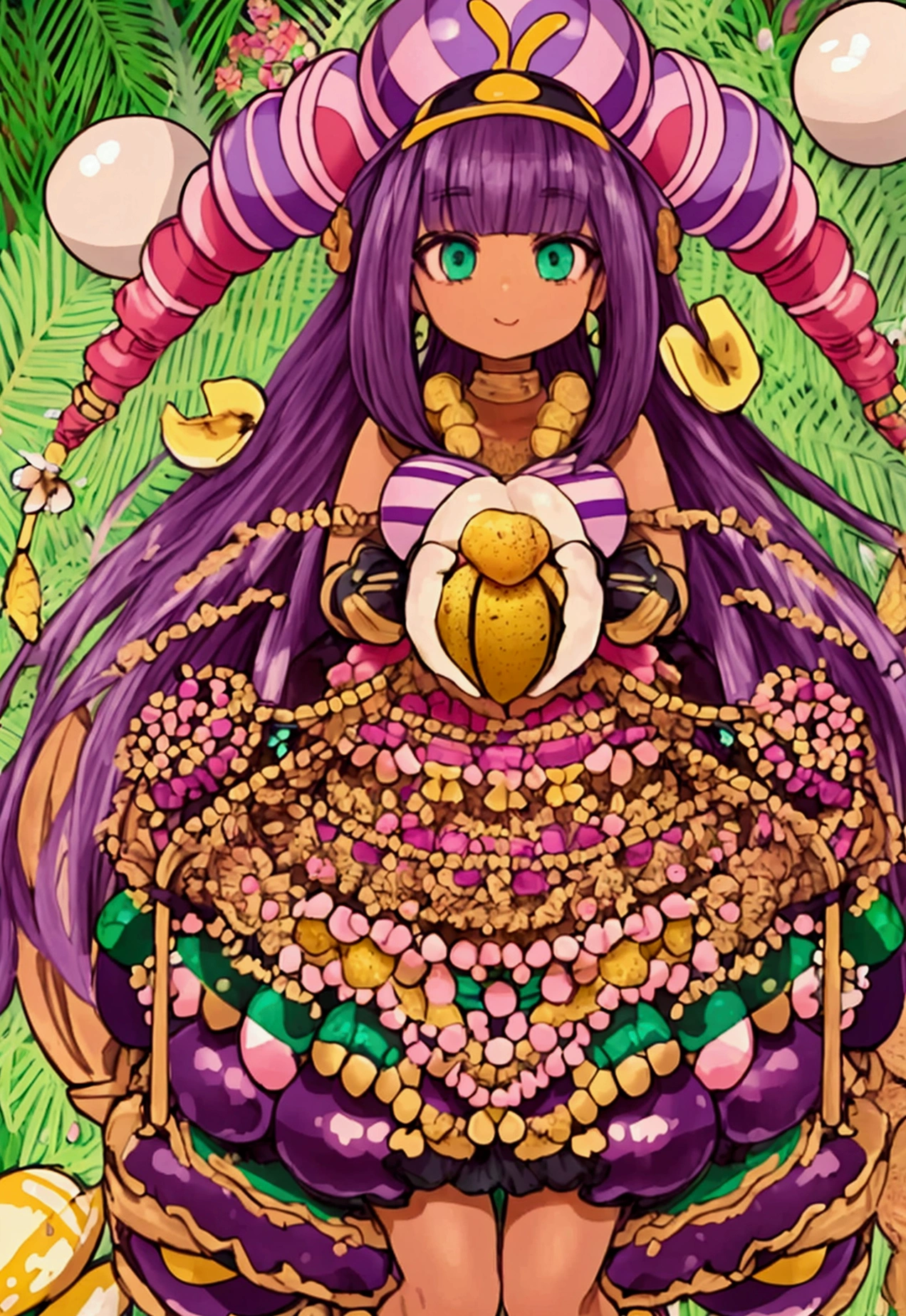 ((Artwork, high quality)), (black girl), (pink hair), (green eyes), (wearing a beach outfit), (at a large party), (decorated with coconuts, eggplants, and bananas).






