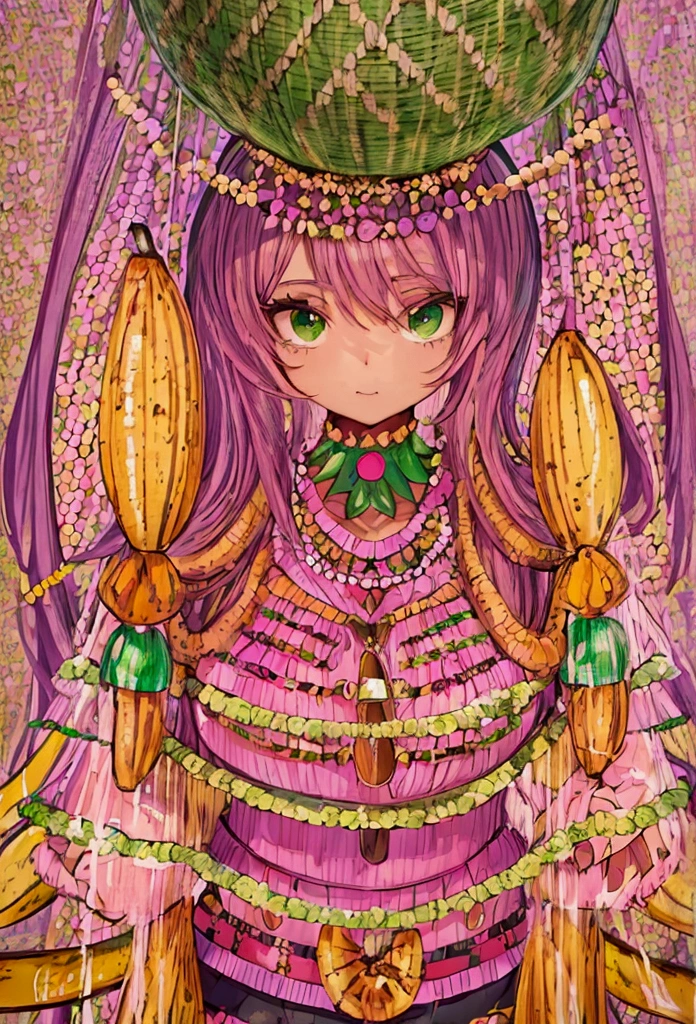 ((Artwork, high quality)), (black girl), (pink hair), (green eyes), (wearing a beach outfit), (at a large party), (decorated with coconuts, eggplants, and bananas).






