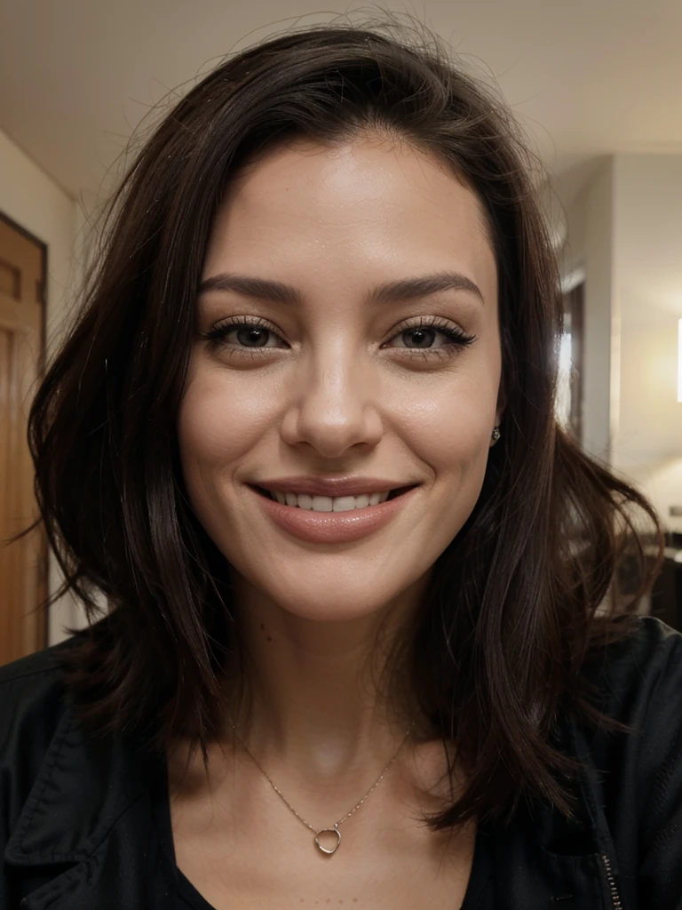 jolie femme, cheveux noirs, vu de haut, photo, sourire, plan sur son visage