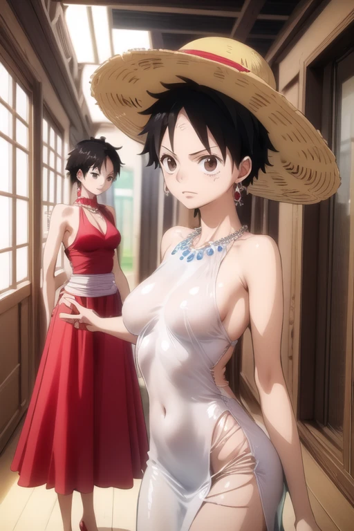 (masterpiece, best quality), beautiful face,  monkey_d_luffy, Luffy female, straw hat, scar, scar under eye, genderswap, brown eyes, elegant dress, diamond necklace, emerald earrings, in the hall