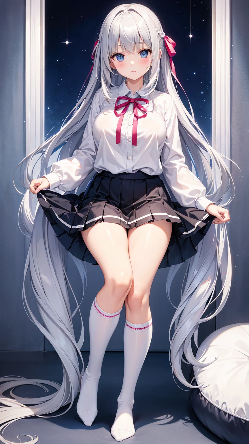 Adult Beautiful Girl、Long silver hair、Huge 、shirt、ribbon、mini skirt、Knee-high socks、Absolute area、thigh