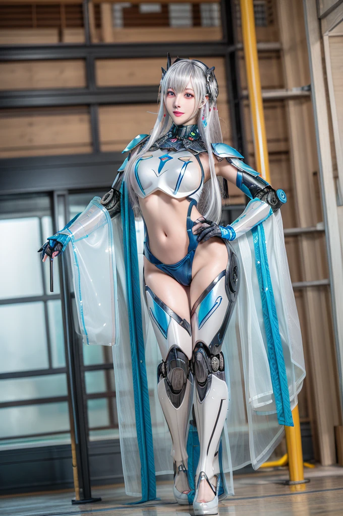 Super Detail, High Detail, high quality, best quality, High resolution，a female robot，Beautiful female robot,beautiful clear face(Rain waves_haneame：1.5)，mechanical body(whole body machinery，body curve，Large size chest，Kearsarge (azur lane))，mechanical body suit,Silver hair