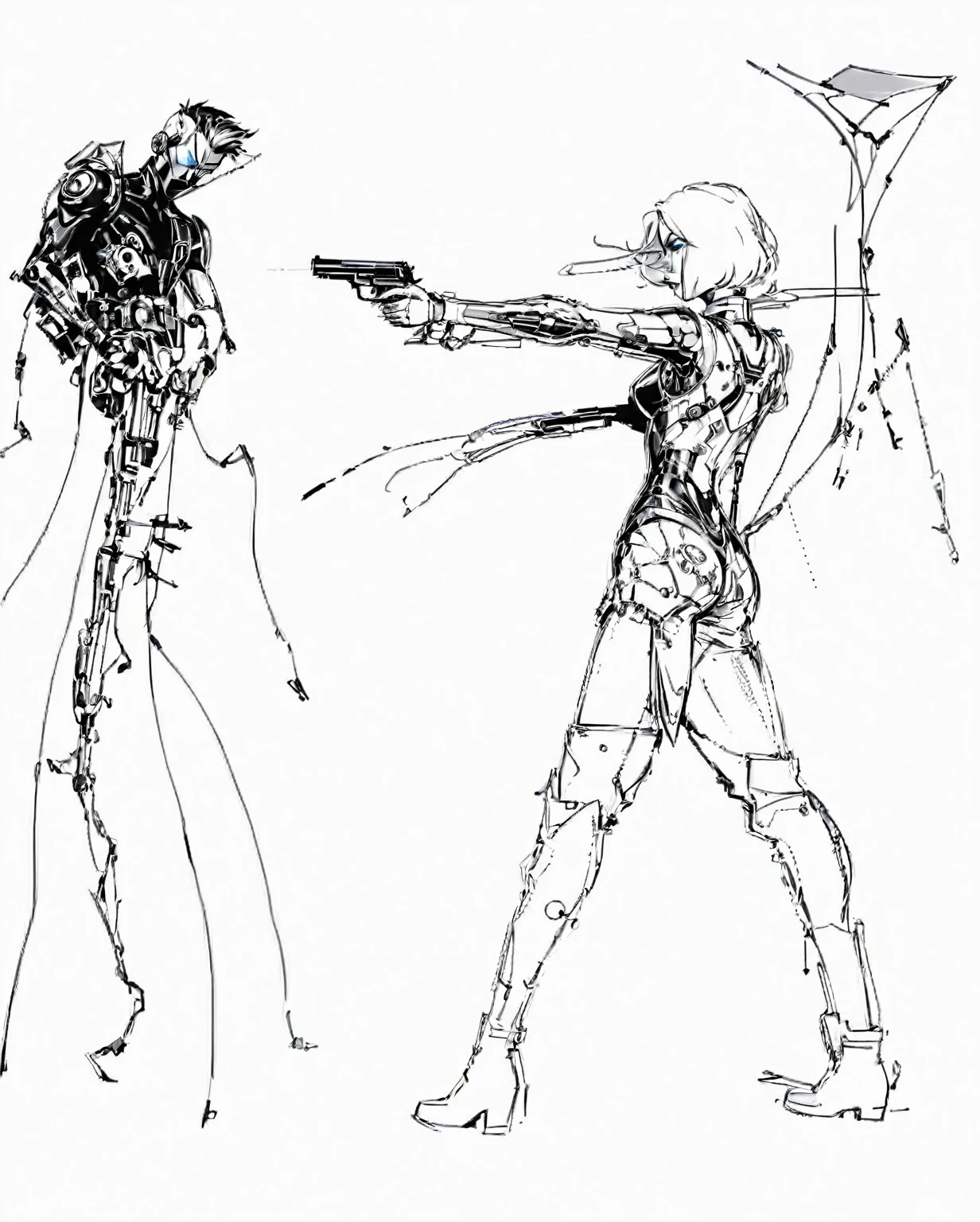 sketches of a man and woman with a gun in their hands, complex shading and wire details, fashion illustration, aeon flux style, concept piece, anthropomorphic _ humanoid