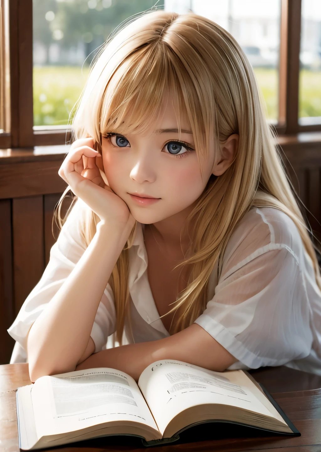 (best quality, masterpiece, high resolution:1.1),hyper detail,high detailed slanted eyes, natural light, natural shadow, ,origin, 1girl, blonde long hair, "The girl resting her chin on her hand and reading a book at the table looked completely absorbed."