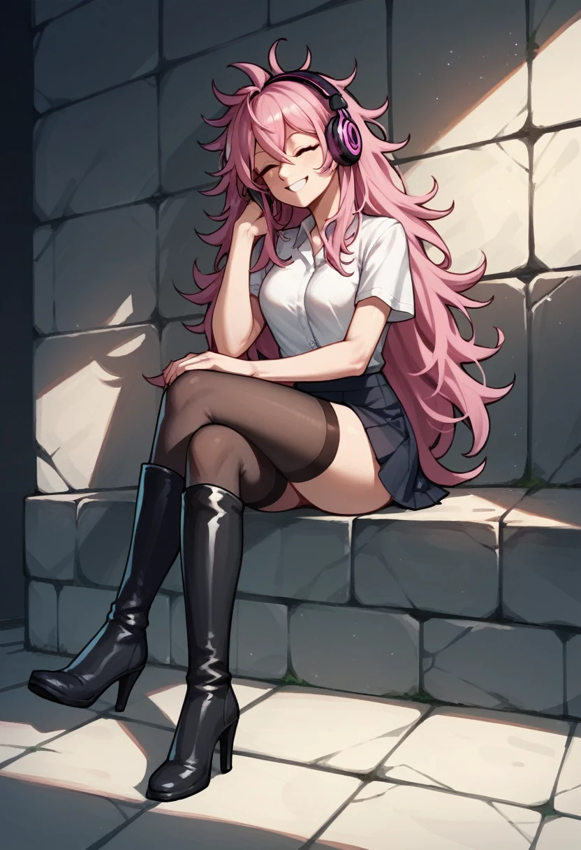 score_9, score_8_up, score_7_up, score_6_up, score_5_up, score_4_up, source_anime, 1girl, sit, headphones, pink hair, long hair, close eyes, smile, messy hair, crossed legs, white shirt, skirt, black thigh high boots, heels, day, dungeon, best quality, best res, 4K UHD,