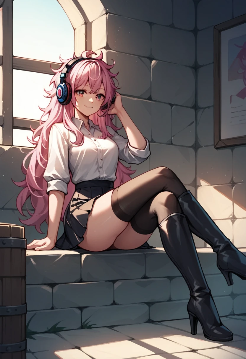 score_9, score_8_up, score_7_up, score_6_up, score_5_up, score_4_up, source_anime, 1girl, sit, headphones, pink hair, long hair, close eyes, smile, messy hair, crossed legs, white shirt, skirt, black thigh high boots, heels, day, dungeon, best quality, best res, 4K UHD,