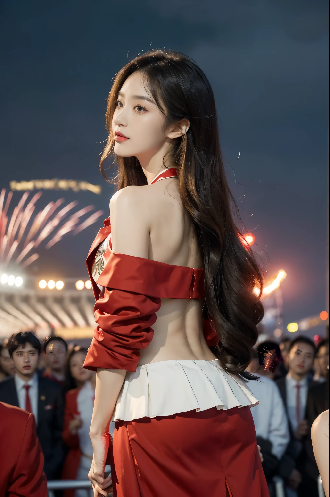(((best quality))),(((ultra detailed))),(((masterpiece))),illustration, ((Olympic Opening Ceremony,in Paris,summer night,magnificent National stadium of France,Olympic flame, fireworks)),(crowded crowds of enthusiastic spectators:1.3),((a beautiful Chinese girl,solo)),((shoulder length straight hair:1.2)),((slim,thin)),((shoulder off,strapless,bare back,towering hips,butt crack)),(red blazer:1.5),(yellow dress:1.2),excited expression, awe, celebrating, electric atmosphere, sense of pride, excitement, playing field, crowd energy, unity, camaraderie, representing China, historic event, memorable moment,((from back,upper body))