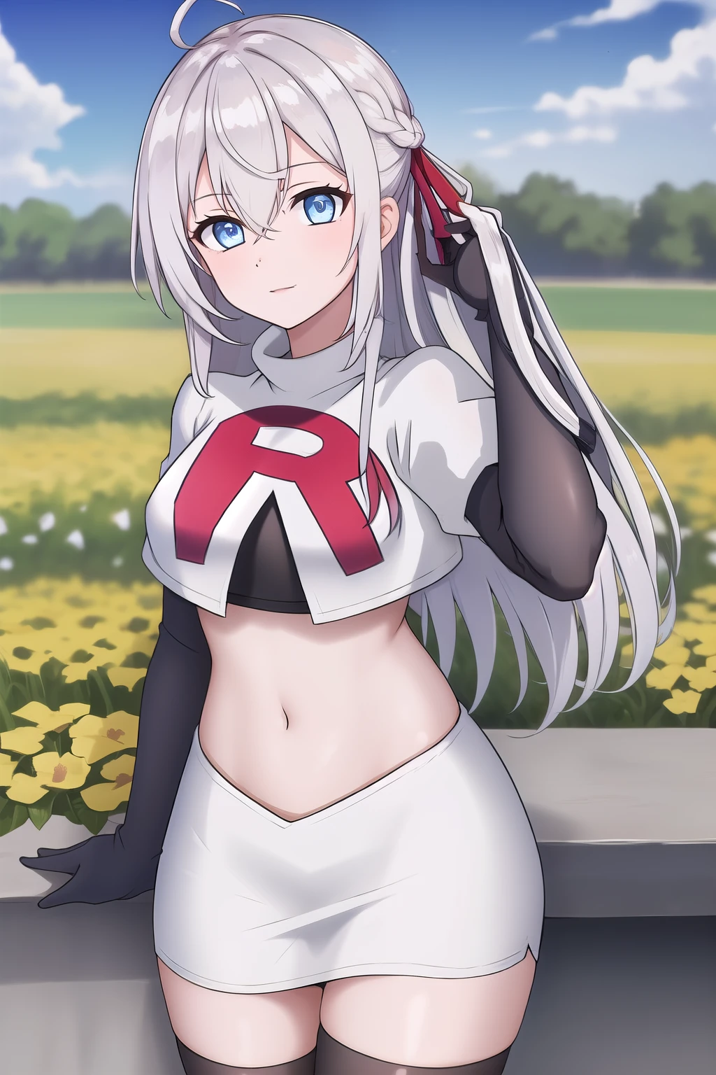 alisa,1girl,solo,long_hair,looking_at_viewer,bangs,blue_eyes,hair_between_eyes,hair_ribbon,ahoge,grey_hair,team rocket,team rocket uniform,white skirt,red letter R,crop top,black thigh-highs,black elbow gloves,flower_field
