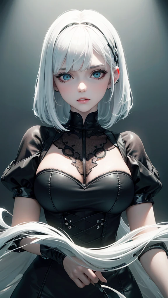 girl with white hair, with bangs, black gloves,  green eyes, gothic, dress,4K, masterpiece, perfect body, stem,perfect eyes, perfect shading, perfect lighting, best quality, work of art, ultra detailed, detailed clothing