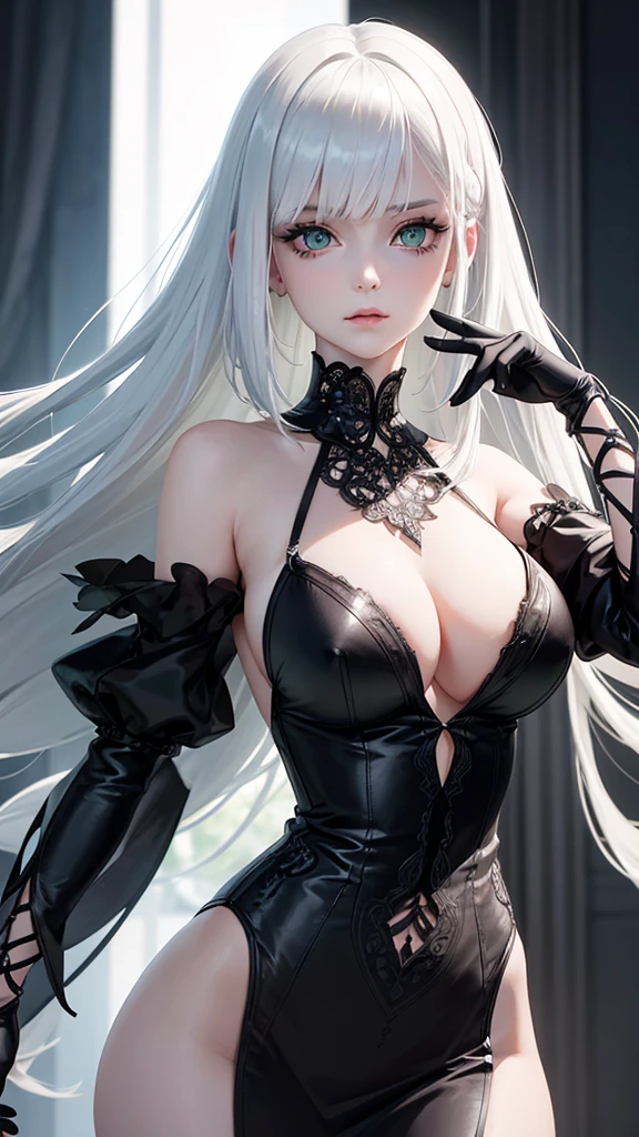 girl with white hair, with bangs, black gloves,  green eyes, gothic, dress,4K, masterpiece, perfect body, stem,perfect eyes, perfect shading, perfect lighting, best quality, work of art, ultra detailed, detailed clothing