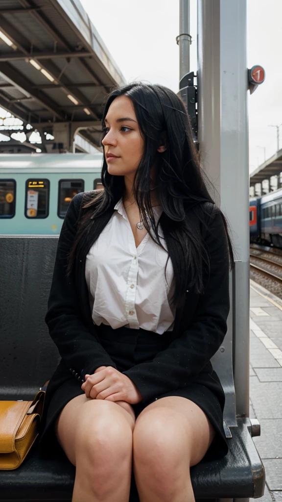 British lady with long black hair sitting at the train station in London