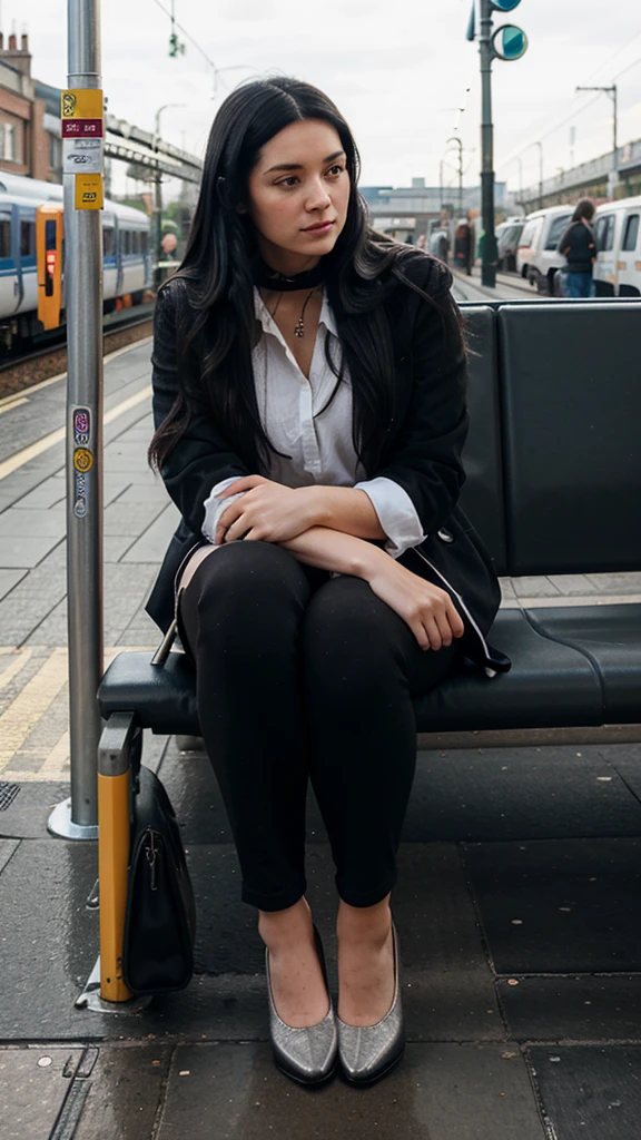 British lady with long black hair sitting at the train station in London