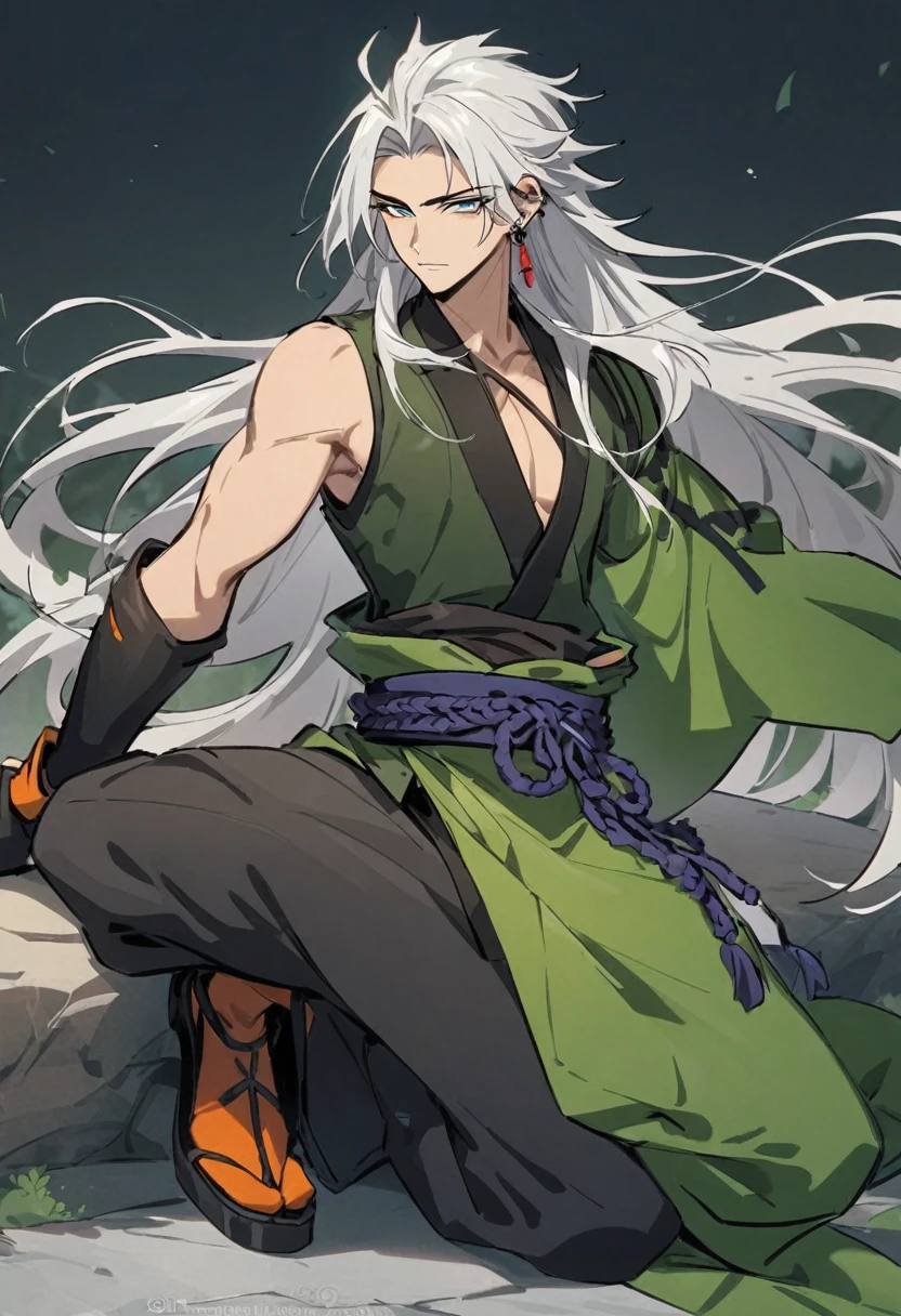 Rogue, 1male, use dragger, fasionlonghair, handsome , blackhairhightlightgreen, japan style, coolman, fantasy, earing, 21 yearold,thin, kind,