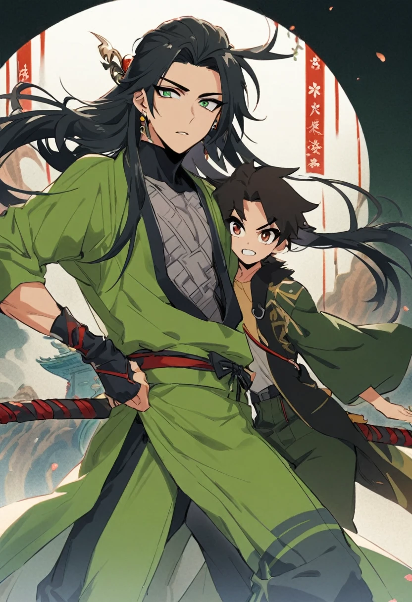 Rogue, 1male, use dragger, fasionlonghair, handsome , blackhairhightlightgreen, japan style, coolman, fantasy, earing, 21 yearold,thin, kind,