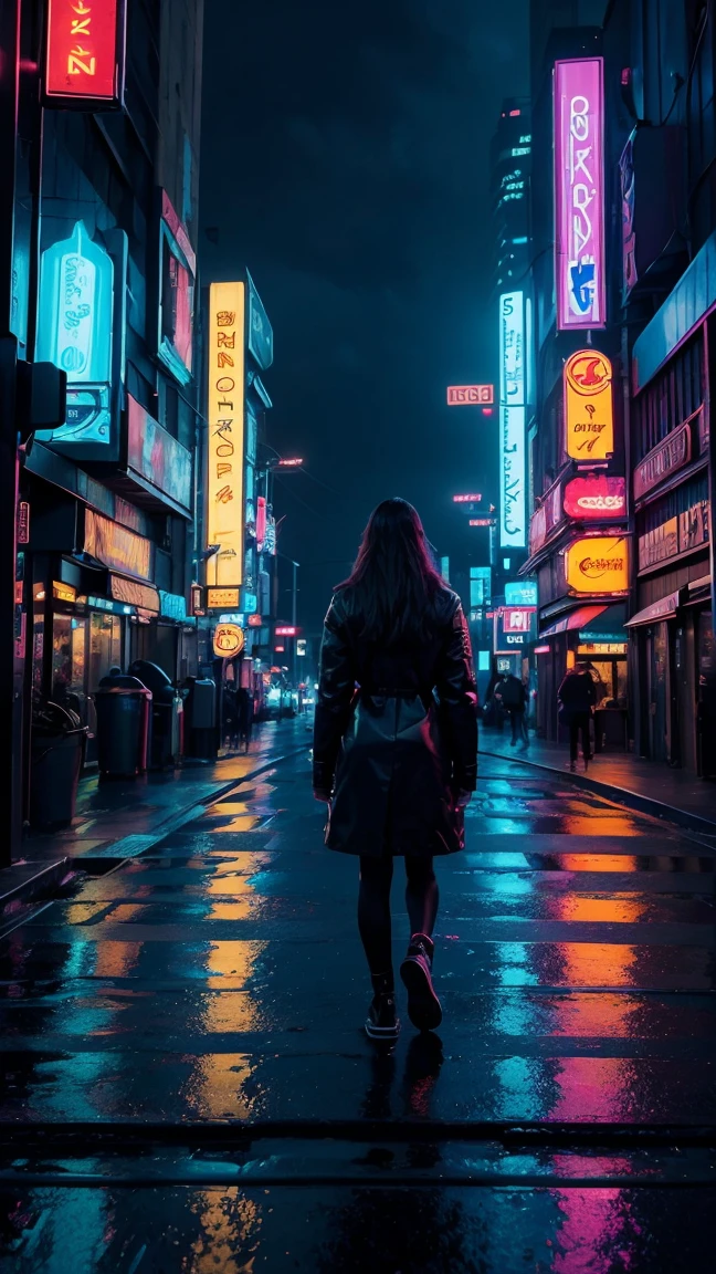 a cyberpunk city at night, neon lights, skyscrapers, futuristic architecture, glowing windows, rainy streets, puddles reflecting the lights, moody atmosphere, cinematic composition, 1girl walking alone, detailed facial features, mesmerizing eyes, elegant long hair, urban exploration, (best quality,4k,8k,highres,masterpiece:1.2),ultra-detailed,(realistic,photorealistic,photo-realistic:1.37),cinematic lighting,dramatic contrast,vibrant colors,neon signs