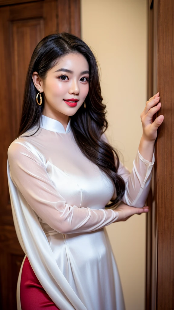 detailed body, attractive body, perfect human body, realistic face,
(ultimate quality, masterpiece, highres:1.0), realistic:1.6, photorealistic,
[8k UHD photos, UHD high quality photos, Super detailed and super clear images],
Close-up of 2 Vietnamese girl with a beautiful face and balanced body, leggy, round face, big round eyes, Charming smile, Red lips, long curly eyelashes, big dimples, pointed chin, plump face, Her face resembles Tuyet Linh, Tall and plump figure, pantyhose hemline pantyhose, wear necklaces and earrings, wearring Apple watch,
wearing a bright and white shiny satin silk ao dai, Two girls standing and kissing in hotel, pose sexy,
Satin silk ao dai,