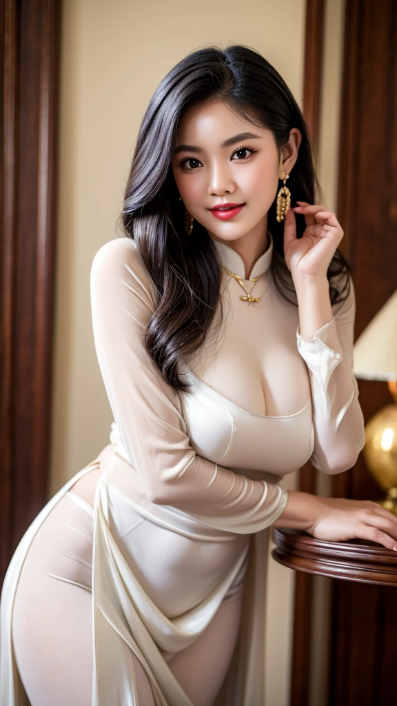 detailed body, attractive body, perfect human body, realistic face,
(ultimate quality, masterpiece, highres:1.0), realistic:1.6, photorealistic,
[8k UHD photos, UHD high quality photos, Super detailed and super clear images],
Close-up of 2 Vietnamese girl with a beautiful face and balanced body, leggy, round face, big round eyes, Charming smile, Red lips, long curly eyelashes, big dimples, pointed chin, plump face, Her face resembles Tuyet Linh, Tall and plump figure, pantyhose hemline pantyhose, wear necklaces and earrings, wearring Apple watch,
wearing a bright and white shiny satin silk ao dai, Two girls standing and kissing in hotel, pose sexy,
Satin silk ao dai,