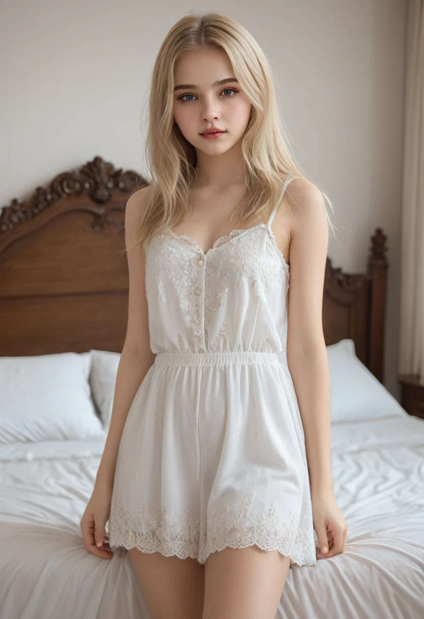 A 15-year-old girl named Lina, Full body portrait，Beautiful and delicate eyes,Beautiful and delicate lips,Extremely detailed eyes and face,Long eyelashes, Blonde Hair, Wearing white and, Small stature, Realistic lighting, Reality, 8K, best quality, masterpiece, Realistic photos,  Sexy body, Touch Yourself，Sexy moves，On the bed