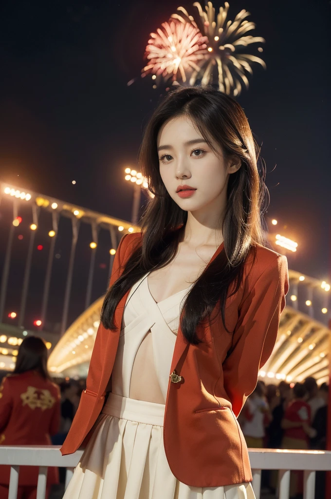 (((best quality))),(((ultra detailed))),(((masterpiece))),illustration, ((Olympic Opening Ceremony,in Paris,summer night,magnificent National stadium of France,Olympic flame, fireworks)),(crowded crowds of enthusiastic spectators:1.3),((a beautiful Chinese girl,solo)),((shoulder length straight hair:1.2)),((slim,thin)),((small breasts,flat chest)),(red blazer:1.5),(yellow dress:1.2),(slender legs:1.2),excited expression, awe, celebrating, electric atmosphere, sense of pride, excitement, playing field, crowd energy, unity, camaraderie, representing China, historic event, memorable moment,((standing,arms behind back)),((from front,upper body))