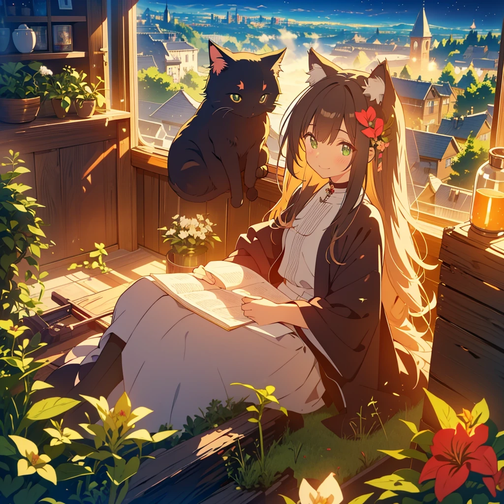 kawaii, anime, Cute, hyper quality, highly detailed, 8k, Front facing, Clarity, brown long hair, green eyes, smile, whole body, Cat ear, amaryllis, Amaryllis grows in clumps, top of the hill, A black cat near the girl, Cat ears stick out from the witch's hat, witch's black robe, fantasy, fog effect, particles of light, night, hill overlooking the town, bird's eye view, flower blooming hill, colorful amaryllis, Cityscape lit with lights, starry sky, clock tower, magic tools, You can see the cityscape in the distance, night view, western witch, medieval cityscape, cape, amaryllis flower, magic effect, wizard's robe, cat ears,