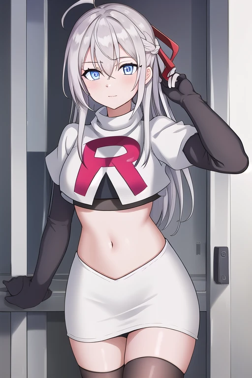 alisa,1girl,solo,long_hair,looking_at_viewer,bangs,blue_eyes,hair_between_eyes,hair_ribbon,ahoge,grey_hair,team rocket,team rocket uniform,white skirt,red letter R,crop top,black thigh-highs,black elbow gloves,flower_field
