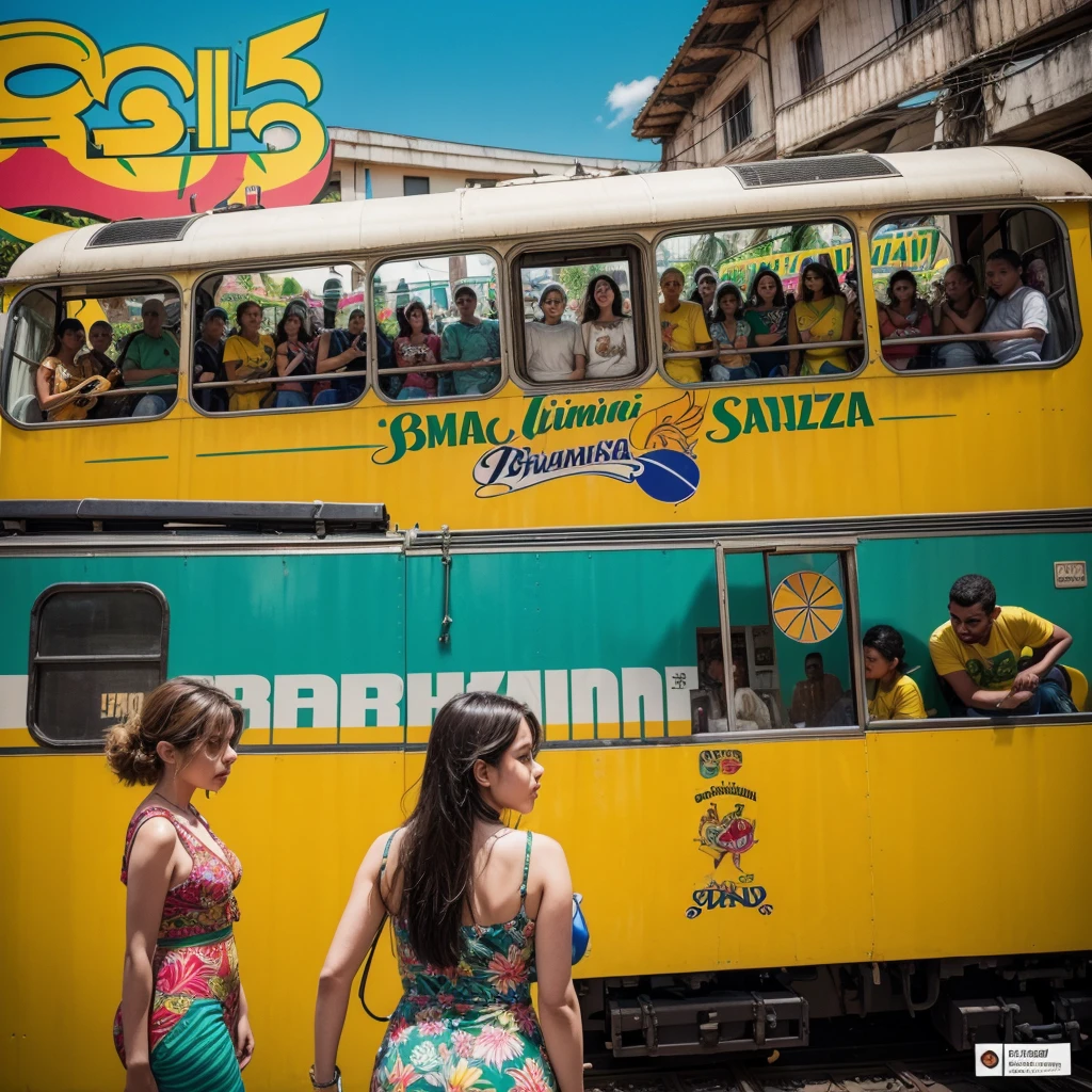 Create a cover for a music project called "Brazil Train". The theme of the project is migration between different musical styles, como samba, cryin, Jazz and Bossa Nova, similar to a train passing through several stations. The cover should reflect this diversity and movement. O grupo é composto por guitar, bass guitar, drumkit, clarinet and voice.
**Elements to include:**
- A stylized train in motion, with wagons representing each musical style (samba, cryin, Jazz and Bossa Nova).
- Instrument illustrations (guitar, bass guitar, drumkit, clarinet and voice) integrated into the train design.
-Title "Brazil Train" in an elegant, vintage font.
- A vibrant, tropical color palette, representing Brazil and the diversity of rhythms.
- Illustrated and vibrant style, similar to a modern music event poster.
**artwork style:**
- Vibrant and colorful - Illustrated, with a modern artistic touch - Vintage and tropical influences
**Visual inspiration:**
- Cartazes de eventos musicais brasileiros
- Arte de capas de álbuns clássicos de samba e Bossa Nova
- Ilustrações que capturam o espírito de viagem e movimento de um trem