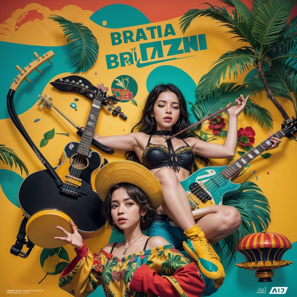 Create a cover for a music project called "Brazil Train". The theme of the project is migration between different musical styles, como samba, cryin, Jazz and Bossa Nova, similar to a train passing through several stations. The cover should reflect this diversity and movement. O grupo é composto por guitar, bass guitar, drumkit, clarinet and voice.

**Elements to include:**
- A stylized train in motion, with wagons representing each musical style (samba, cryin, Jazz and Bossa Nova).
- Instrument illustrations (guitar, bass guitar, drumkit, clarinet and voice) integrated into the train design.
-Title "Brazil Train" in an elegant, vintage font.
- A vibrant, tropical color palette, representing Brazil and the diversity of rhythms.
- Illustrated and vibrant style, similar to a modern music event poster.

**artwork style:**
- Vibrant and colorful - Illustrated, with a modern artistic touch - Vintage and tropical influences

**Visual inspiration:**
- Cartazes de eventos musicais brasileiros
- Arte de capas de álbuns clássicos de samba e Bossa Nova
- Ilustrações que capturam o espírito de viagem e movimento de um trem