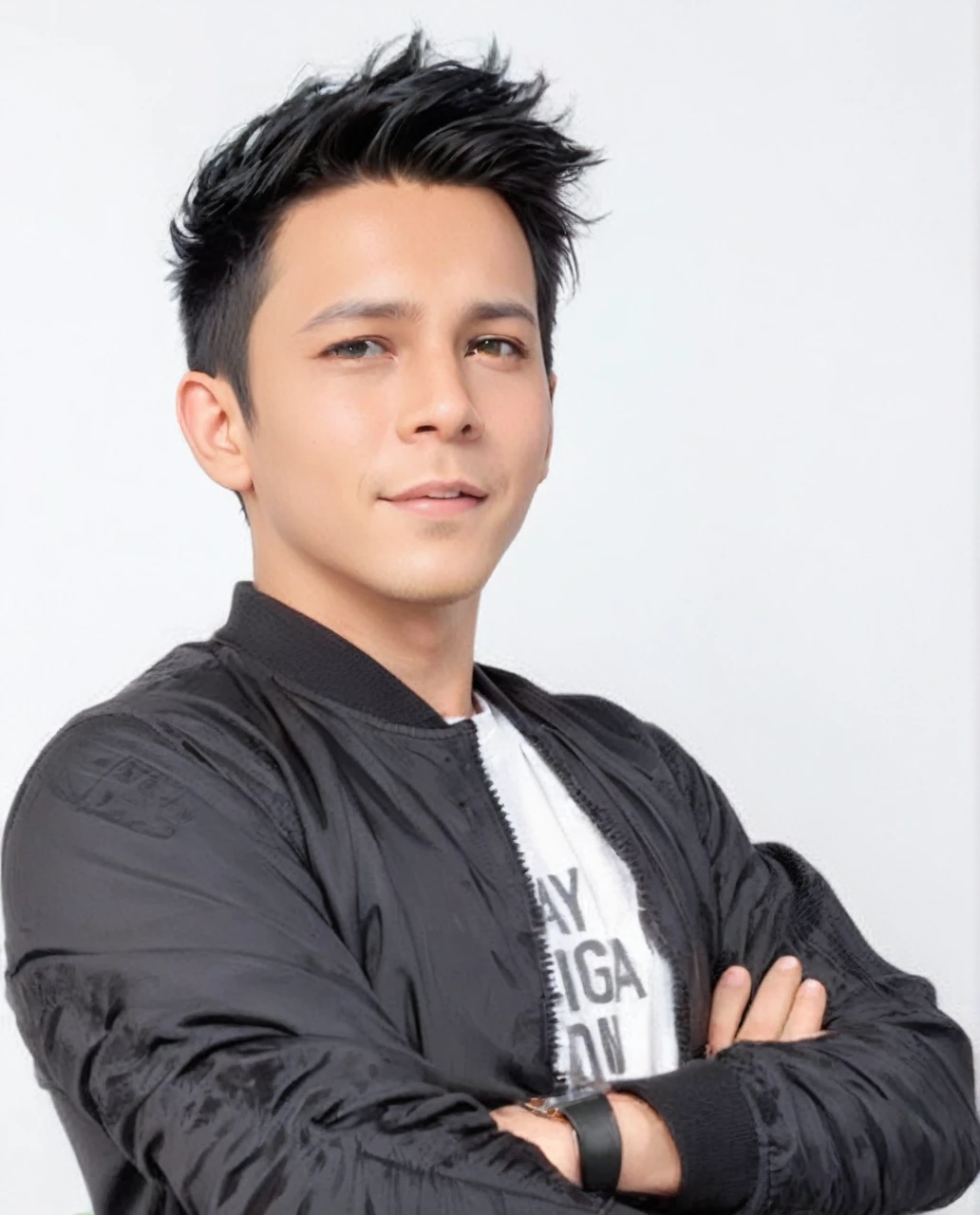 masterpiece, Best quality, ultra detailed, realistic, Detailed Face, Detailed and realistic skin, perfect shiny skin, One male, young man, 20 years old, (short buzz cut Gradient black Hair), cinematic lighting, half body, sitting on gaming chair, front face, half body, teal green oversized t-shirt ( green ) , oversized long pants, sitting, sitdown, talking with hands gesture, front view, big smile