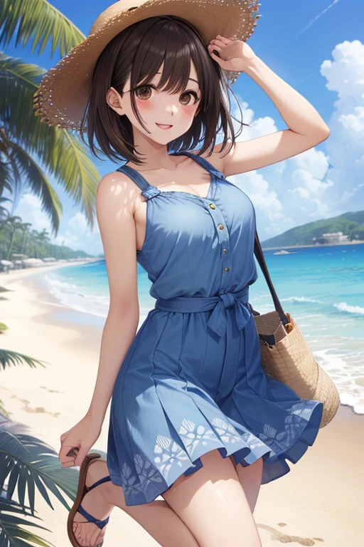 anegasaki nene、Shiny brown hair, short hair, (Beautiful brown eyes、Sparkling eyes, Fine grain)、smile、Ultra-detailed eyes、Highly detailed face, Highly detailed eyes,


Detailed Background、Highest quality、Beach、1 beautiful woman in her 20s、smile、Feminine and cool one-piece style、Opt for flared skirts and maxi dresses、Choose cool materials、Wear it with sandals or espadrilles..、Add a resort feel with a straw hat and tote bag.、Bright colors and patterns、By incorporating ruffles and lace details、、Creates feminine charm