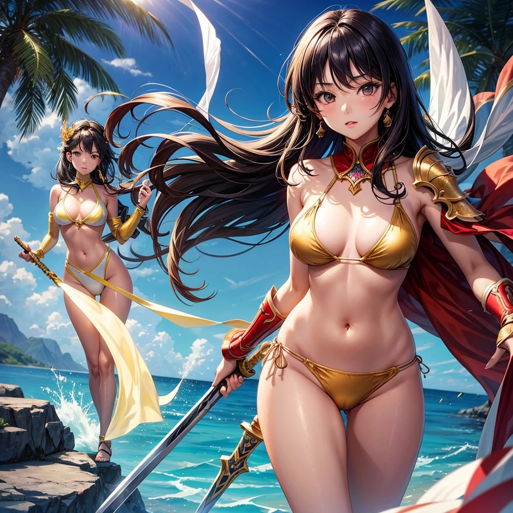 Beautiful Asian girl, 18 years old, light bikini knight girls, sexy lady, medium breasts, camel toe, long sword,