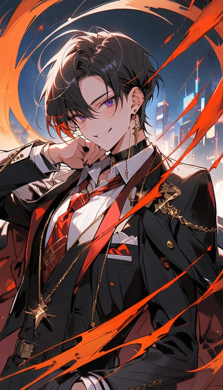 look good, alone, 1 man, short hair, Smiling faces,1. เด็กผู้ชายที่มีblack hairและสีม่วง, Medium Height, Slim shape, long coat, Black lining,look good, short hair, black hair, rainbow hair, purple eyes, 先端がスモーキーグレーのblack hair, Smoking, black light,smile、, bright, สายตาที่เฉียบคมทำให้ฉากbrightขึ้น,uniform,Fewer accessories,whole body,white background,(Masterpiece, Highest quality), Yi Sang_edge, Default_Costume, A boy., alone, red tie, black jacket, black vest, jacket on shoulders, white shirt, collar shirt, black pants, See your viewers, city, nighttime, knife,紫色に光るknife身