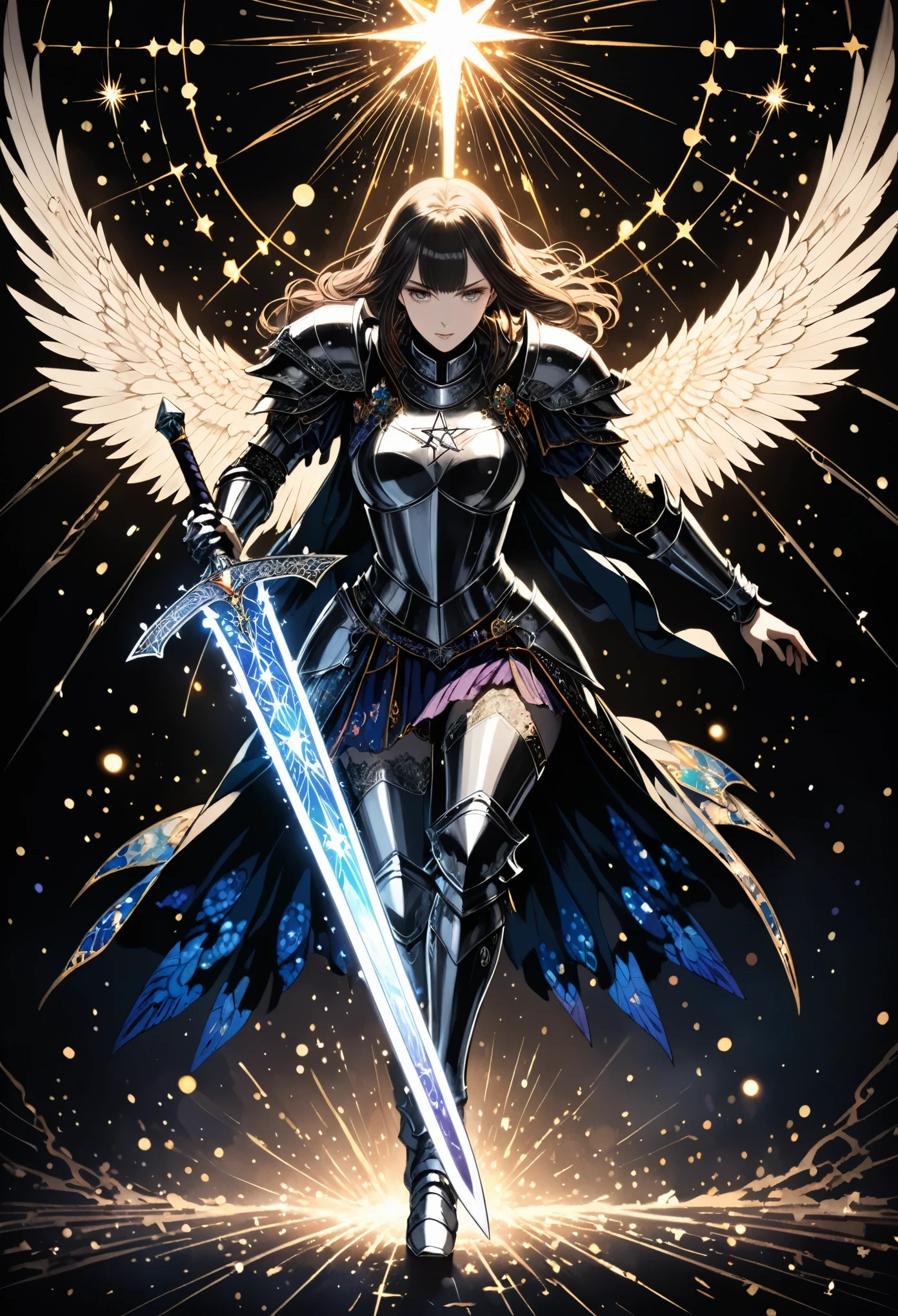 in style of Harry Clarke，best quality, masterpiece, high resolution, 1girl，knight，Magic array special effects，Pentagram，Sword light particle burst，(((Running action，Bend and sprint，Holding the Two-handed greatsword )))，Shines brightly，Tyndall effect,Reality, Dark Studio, Edge lighting, Two-tone lighting,(High Detail Skin:1.2), 8K uhd, Digital SLR Camera, Soft lighting, high quality, Volumetric Lighting, frank, photo, high resolution, 4K, 8K, (((Bokeh, Motion Blur，blur background)))，Particle foreground scattering，