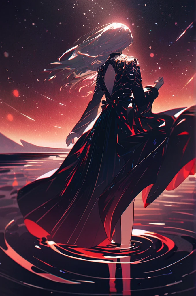 ((Лучшее качество)), ((шедевр)), (подробный), a girl on the background of a cosmic landscape in black and red shades. She stands with her back to the observer and looks out into the vast cosmos. The girl is standing far away. She holds her hands behind her back. The girl stands on the water, which reflects the cosmic landscape