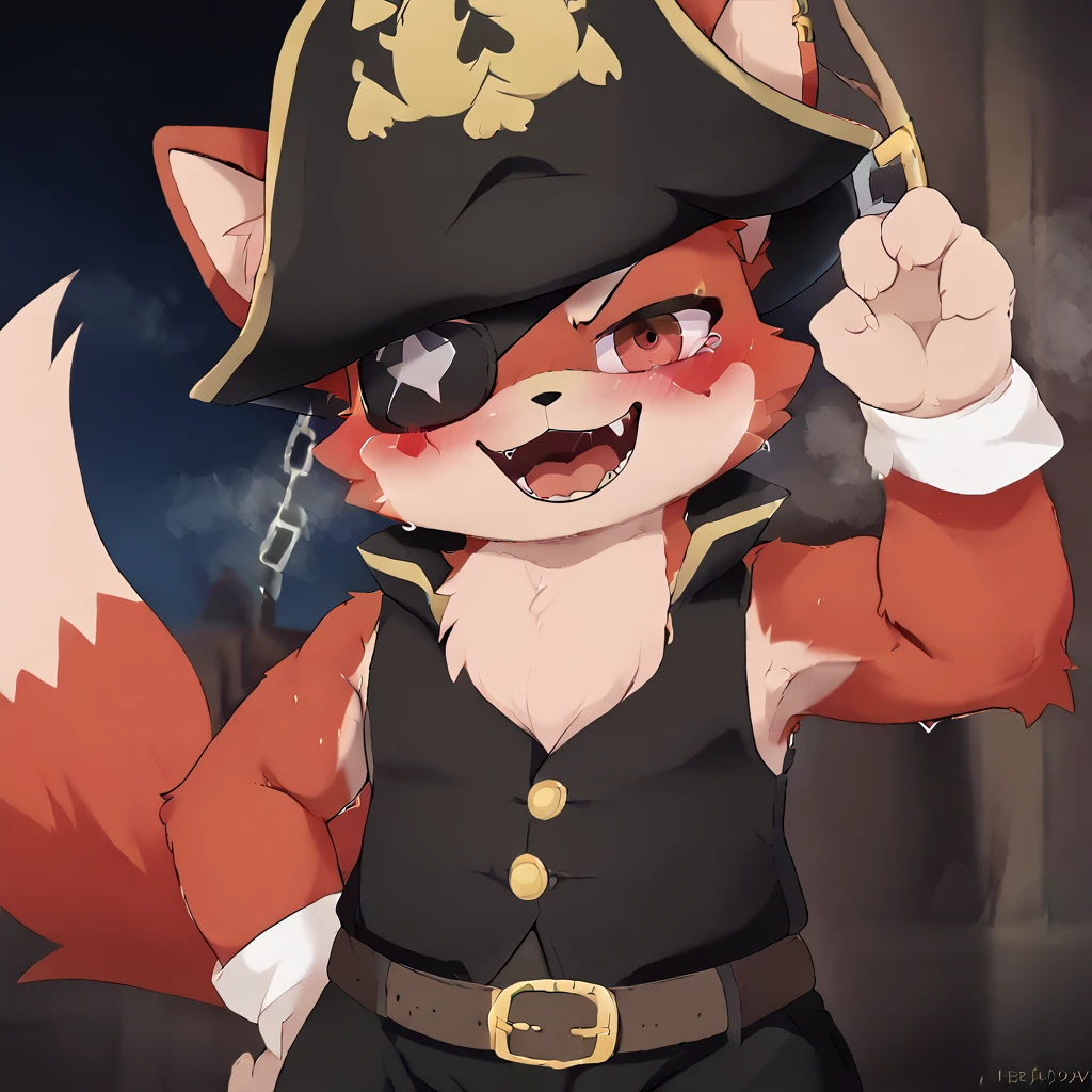 Five night at fready game, character foxy have red fur Wear an eyepatch like a pirate