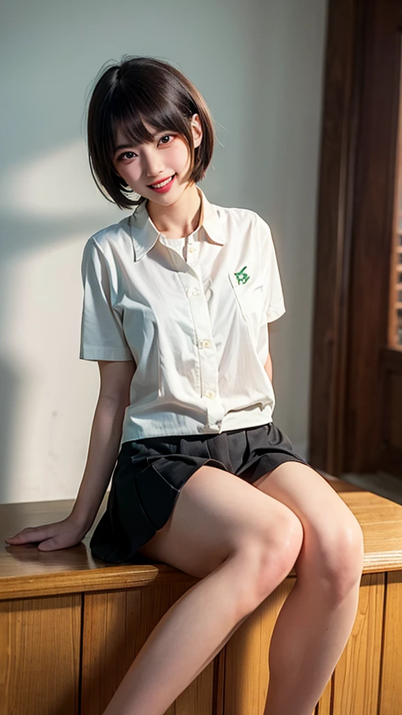 masterpiece, highest quality, best quality, 1girl, solo, looking at viewer, , tezuka rin, (armless amputee:1.2), brown hair, collar, collared shirt, (double amputee:1.2), green eyes, katawa shoujo, red necktie, shirt, short hair, solo, white shirt, lozhkin, grin, accurate teeth with gaps