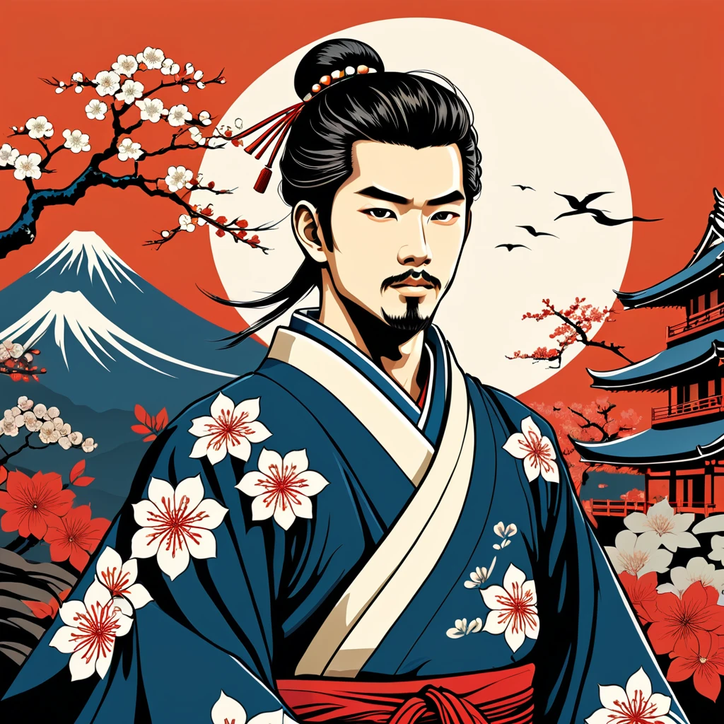 man in japanese folk outfit, vector graphics, strong contours